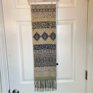 Vintage Francesca Blue & Taupe Geometric Floral Silk Scarf Hand Knotted Fringe